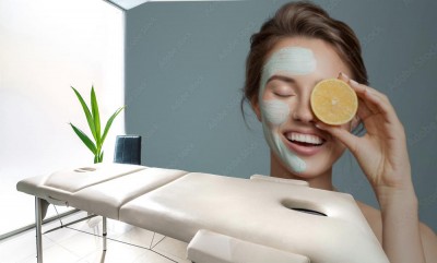 Fototapeta Portret pięknej kobiety z niebieską kremową maską na twarzy