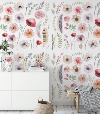 Fototapeta Kolekcja kwiatów malowana akwarelą w stylu boho