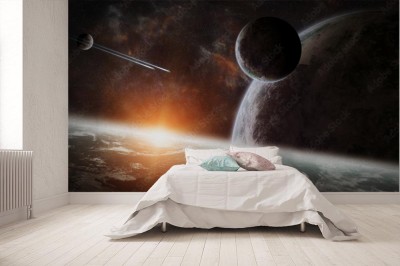 Fototapeta Wschód słońca nad grupą planet w kosmosie