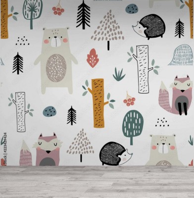 Fototapeta z jednolitym wzorem dziecięcym w leśne stworki