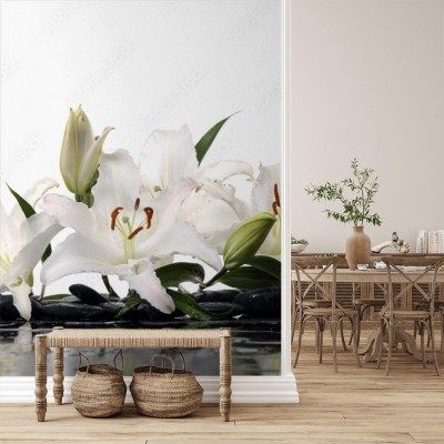 Fototapeta Lilie Madonny z kamieniem spa i odbiciem