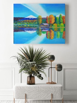 Obrazy do salonu odbicie góry i nieba na obrazie olejnym jeziora