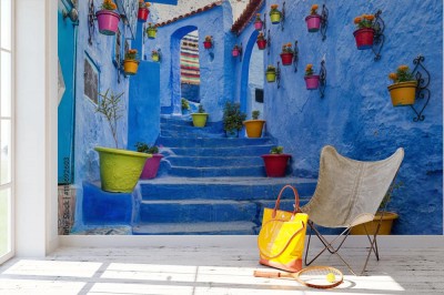 Fototapeta Niebieskie schody i ściany ozdobione kolorowymi doniczkami