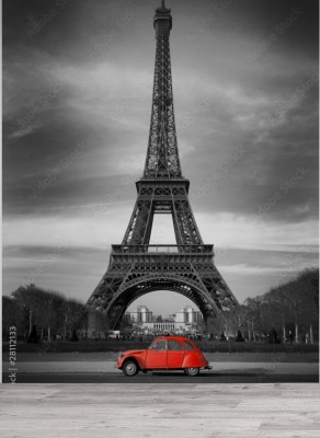 Fototapeta Wieża Eiffla i czerwony samochód - Paryż