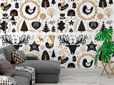 Tapeta Czarno-złota ilustracja z elementami dekoracyjnymi w stylu skandynawskim