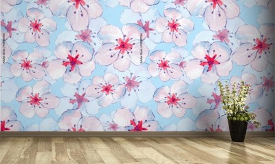 Fototapeta w białe kwiaty na błękitnym tle do sypialni