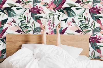 Tapeta botaniczny wzór z egzotycznymi kwiatami i liśćmi