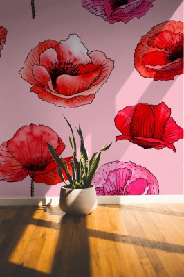 Fototapeta Watercolor hand painted seamless pattern poppies on pinc background