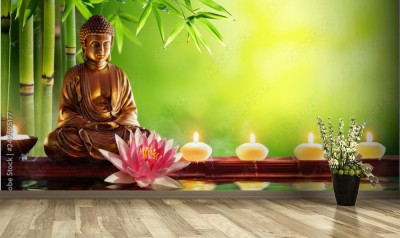 Fototapeta Posąg Buddy ze świecami w Naturalnym Tle