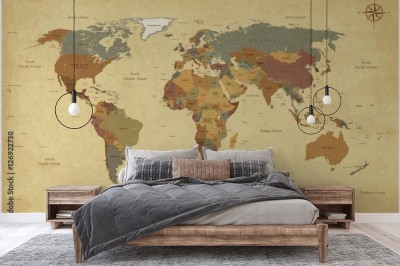 Fototapeta Teksturowana mapa świata w stylu vintage - etykiety w języku angielskim