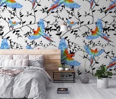 Tapeta z modnym wzorem papugi na rozłożystej gałęzi