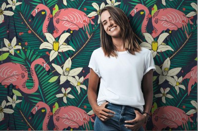 Tapeta z modnymi flamingami i roślinnością