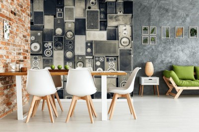 Fototapeta Głośniki muzyczne na ścianie w monochromatycznym stylu vintage