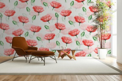 Fototapeta Blooming red poppies on the field watercolor seamless pattern  Template for decorating designs and illustrations 	