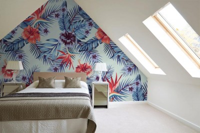 Tapeta z wzorem w błękitny kwiat hibiskusa 