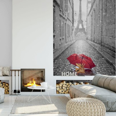 Fototapeta Czerwona parasolka na czarno-białym tle wieży Eiffla widzianej z ulicy Paryża