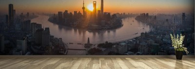 Fototapeta Panoramiczny widok na panoramę Szanghaju o wschodzie słońca