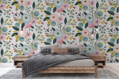 Tapeta z kolorowymi kwiatami na jasnym tle