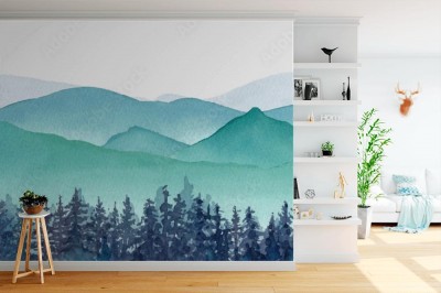 Fototapeta Górska panorama iglastego lasu we mgle