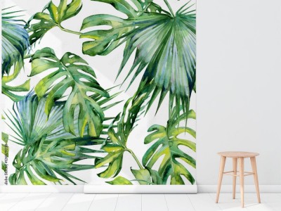 Fototapeta z ilustracją tropikalnych liści na białym tle