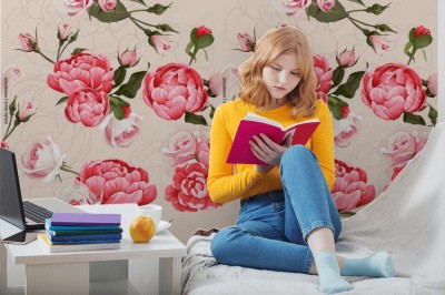 Fototapeta - Piwonia i róże na beżowym tle