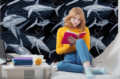 Tapeta Rekiny  ręcznie rysowane w ciemnej głębi