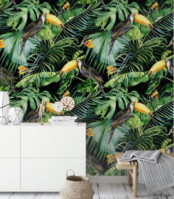 Tapeta  z tropikalnymi liśćmi i gęstą dżunglą