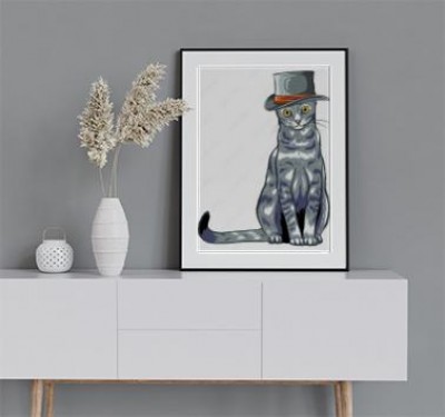 Plakat Wektorowy śmieszny Brytyjski kot modniś w szarym kapeluszu