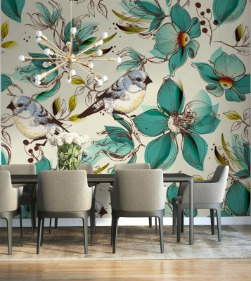 Tapeta retro ze ślicznym kwiatem i ptakiem