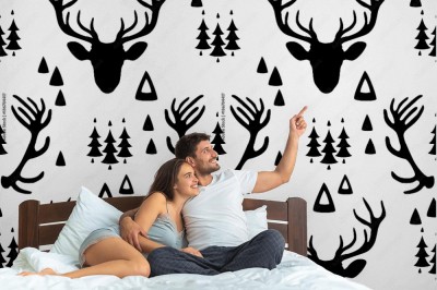 Tapeta skandynawska - Głowy jeleni na białym