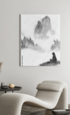 Obrazy do salonu Medytujący w górach  Człowiek w pozycji lotosu  Tusz grafika  Chiński, japoński, orientalny styl  Gohua, sumi, zen, medytacja, zdrowie natury