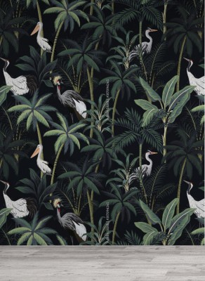 Tapeta Modny nocny tropikalny krajobraz z ptakami i liśćmi