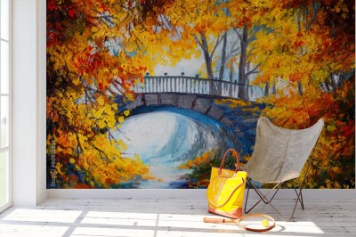 Fototapeta Obraz olejny - jesienny las z drogą i mostem nad rzeką