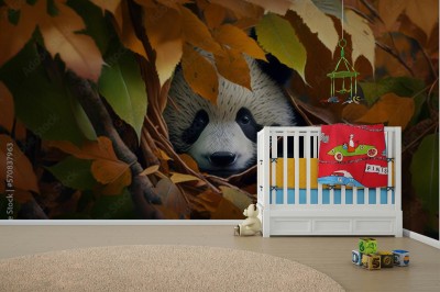 Fototapeta Panda wśród liści