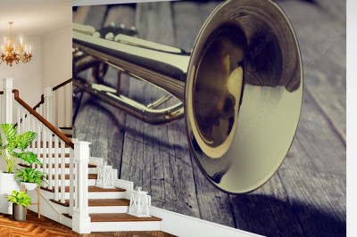 Fototapeta Trąbka na starym drewnianym stole