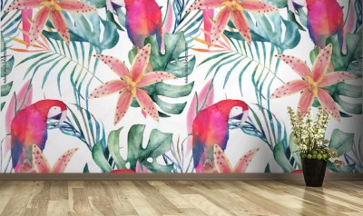 Tapeta Tropikalny wzór z papug, storczyków i liści
