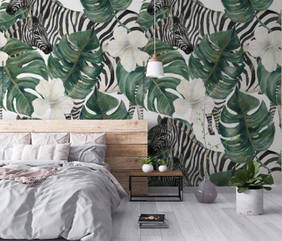 Tapeta Zebra i tropikalne liście