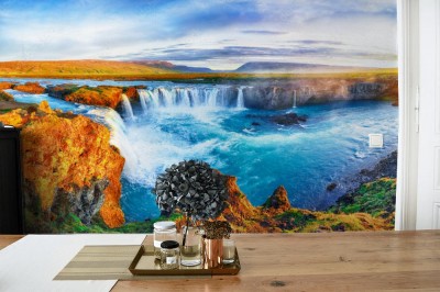 Fototapeta Fantastyczna scena wschodu słońca z potężnego wodospadu Godafoss