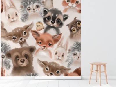 Fototapeta do pokoju dziecka z malowanym akwarelą portretem leśnych zwierzaków