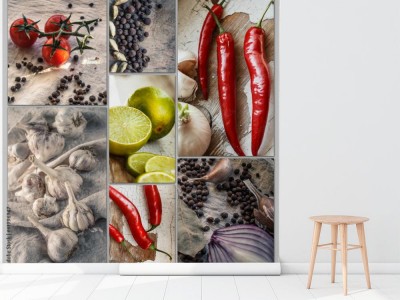 Fototapeta Kolaż rustykalnych owoców i warzyw na lnianym obrusie