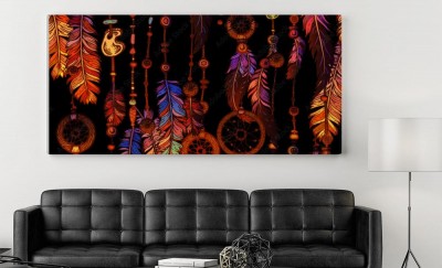 Obraz na płótnie Pióropusz i łapacz snów na czarnym tle 