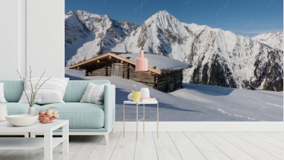 Fototapeta Zimowa panorama z chatą narciarską i górą