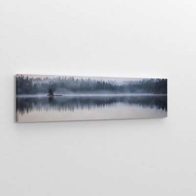 Obrazy do salonu Panoramiczny ujęcie morskiego odbicia drzew na brzegu z mglistym tłem