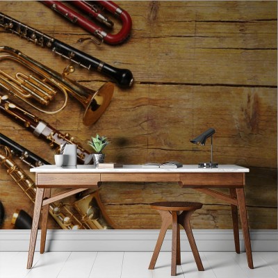 Fototapeta Instrumenty muzyczne na brązowym drewnie