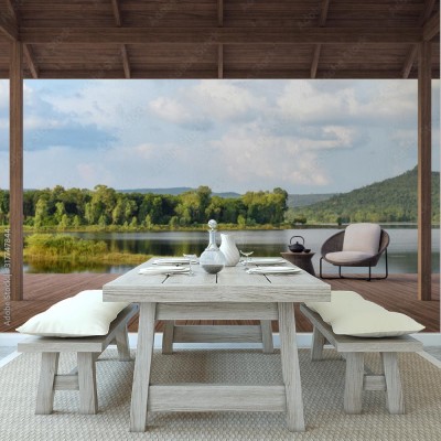 Fototapeta z widokiem na taras nad jeziorem