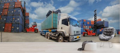 Fototapeta Ciężarówka z przemysłowym ładunkiem kontenerowym dla branży logistycznej Import Export