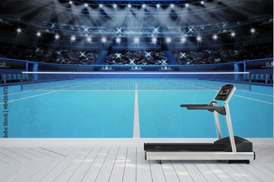 Fototapeta Niebieski kort tenisowy i stadion pełen kibiców