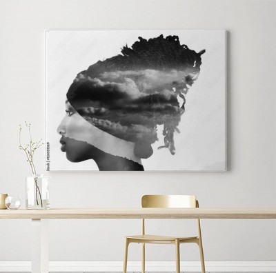 Obraz na płótnie Monochromatyczna podwójna ekspozycja portretu kobiety z profilu i chmury