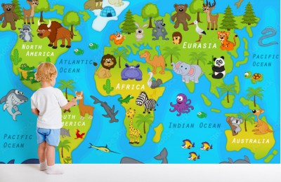 Fototapeta Mapa świata z słodkimi zwierzętami