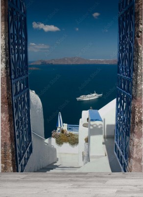 Fototapeta Santorini przez otwarte drzwi